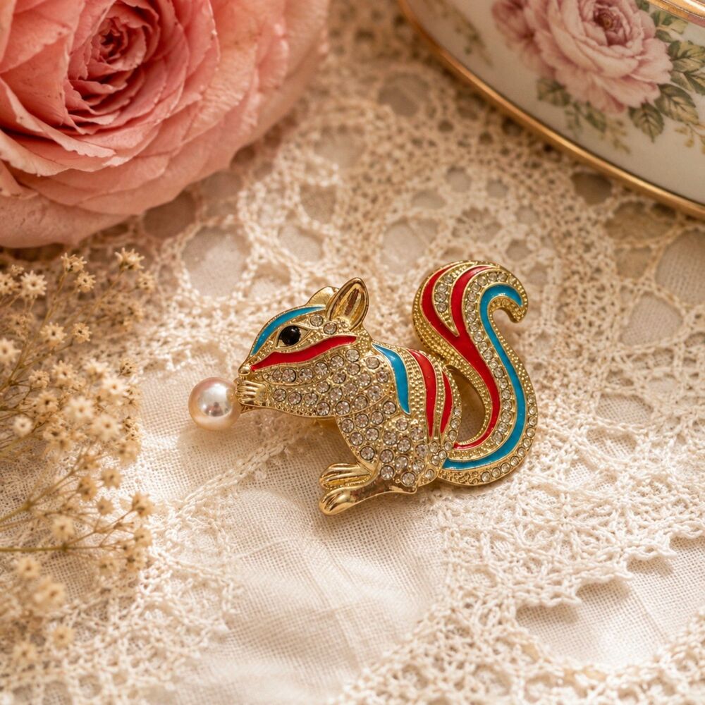 Rhinestone Squirrel Brooch Pin, Gold Tone Whimsical Animal Jewelry